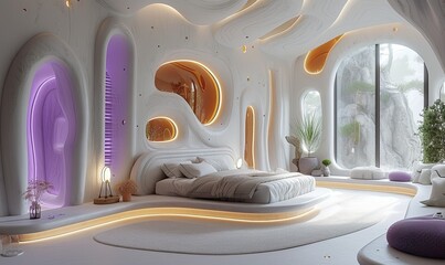 Wall Mural - Futuristic-looking bedroom in white and purple neon tones, in the style of a storybook, ultra detailed, biomorphic