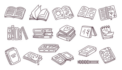 Hand drawn books doodle set. Black color sketch, coloring book. Line art style notebooks and pads . Vector illustration isolated