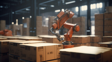 Poster - Ai robot working in a shipping company warehouse arranging boxes, AI replacing human job concept