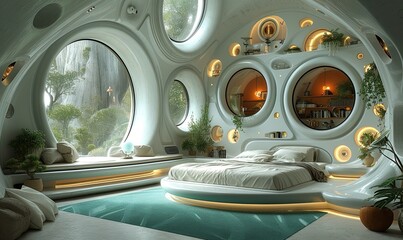 Wall Mural - Fantastic cosmic bedroom interior in delicate white with neon lighting, with round large windows