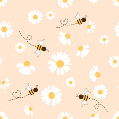 Poster - Seamless pattern with bee cartoons and daisy flower on orange background vector illustration. 