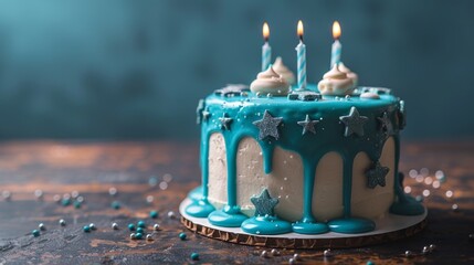 Poster - The cake is white with white ganache, teal toppers, and fun candles on a dark blue background