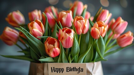Aufkleber - A beautiful bouquet of tulip flowers on a light background with a Happy Birthday card.