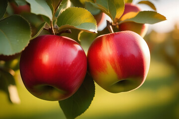 Two Red Apples Hanging From a Tree Branch