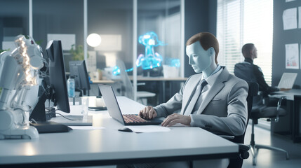 Poster - modern AI robot working in office, futuristic artificial intelligence technology, Ai replacing humans, robot typing on laptop