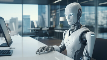 Poster - modern AI robot working in office, futuristic artificial intelligence technology, Ai replacing humans, 
