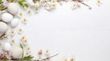 Fototapeta Kwiaty - Minimalistyczne jasne tło na życzenia Wielkanocne. Alleluja - Wesołych świąt Wielkiej Nocy. Jajka, kwiaty i inne wiosenne dekoracje.