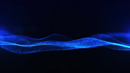 Poster - Wave of particles. Futuristic dots pattern on dark background. Big data digital code. Technology or Science Banner. 3D rendering. 4K animation.