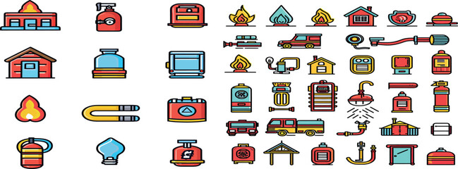 Firefighting safety equipment flat line icons. Firefighter, fire engine extinguisher, smoke detector, house, danger signs, firehose