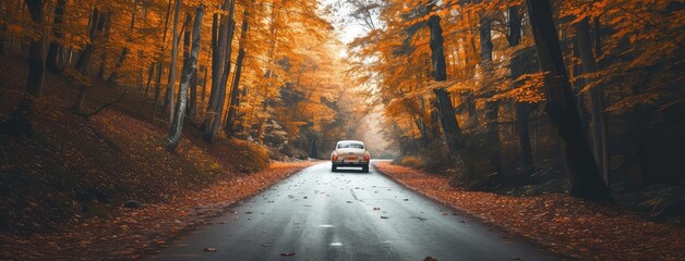 Sticker - Car Traveling on a Forest Road in Autumn