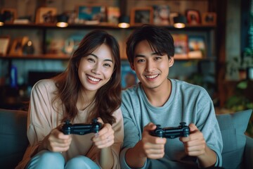 Two cheerful individuals sharing a moment of fun while playing video games, displaying their controllers