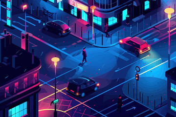 Wall Mural - Night Road Flat Design with Car and People