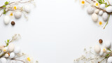 Fototapeta Kwiaty - Minimalistyczne jasne tło na życzenia Wielkanocne. Alleluja - Wesołych świąt Wielkiej Nocy. Jajka, kwiaty i inne wiosenne dekoracje.