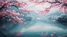 A Tranquil Scene Of Cherry Blossom Branches Overhanging A Serene Lake. 
