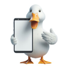 Duck With Tablet Presentation - A Friendly Duck Gesturing Towards A Blank Tablet Screen, Perfect For Advertisements And Announcements. Ideas For Surprised, Sale, Shocking, Wow, Special And Discount.