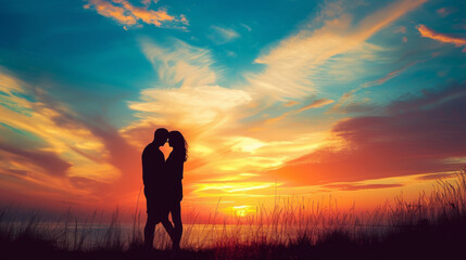 couple in love silhouette at sunset
