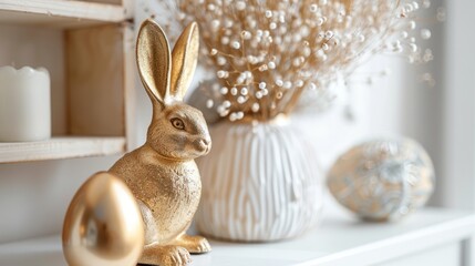 A gold porcelain bunny and a gold porcelain Easter egg sit on the white table to the left