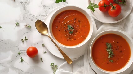 Wall Mural - Beautiful photo of tomato soup in white plates on a white marble table