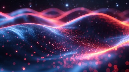 Poster - An abstract blue and red wavy line dotted texture on a dark blue background. A simple futuristic dots pattern. 