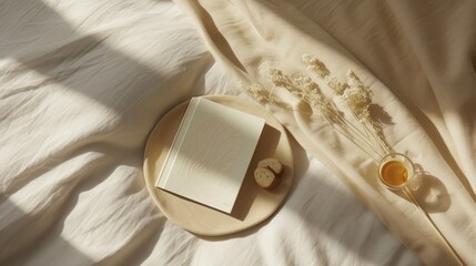 Poster - A book and a cup of tea on a bed