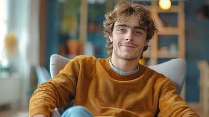 A young man sits in a chair at a consultation with a psychotherapist. He looks at the camera smiling