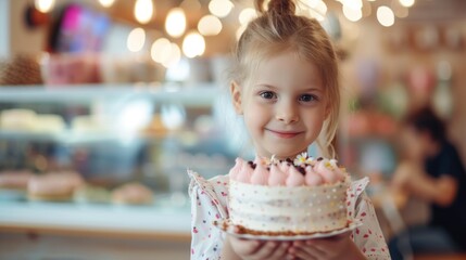 Poster - A little girl holding a cake with pink frosting