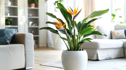 Beautiful flowering Strelitzia plants in a white ceramic large pot in the interior of a modern bright living room