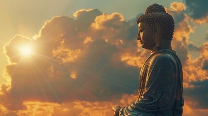 Wall Mural - Golden Buddha statue in the clouds on the left. Minimalistic sky background with sun rays