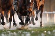 An intense close-up of racehorses' hooves splashing through water on a glistening, wet racetrack