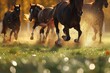 Majestic horses galloping with fiery highlights in their manes during golden hour, showcasing natural beauty and freedom