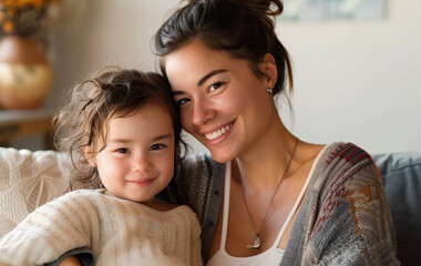 Adult woman and young child smiling warmly, giving a sense of family and affection