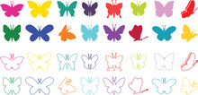 Butterflies Silhouette Colorful Drawing Flat Or Line Icon Set. Flaying Butterflies Vector Collection Isolated On Transparent Background. Use For Graphic Design, Beauty, Web And Mobile App.