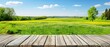 a wooden deck in front of a field of green grass and a blue sky with some clouds in the background.