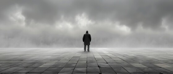 Wall Mural - a man standing in the middle of a room in the middle of a floor with a sky filled with clouds.