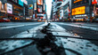 In a busy city street, there is a road with a long crack, depicting the effects of an earthquake. The background appears blurry
