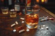 A harrowing composition of a glass of whiskey surrounded by various pills, depicting addiction issues