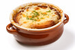 Classic French onion soup isolate on white background. Baked cheese in a pot
