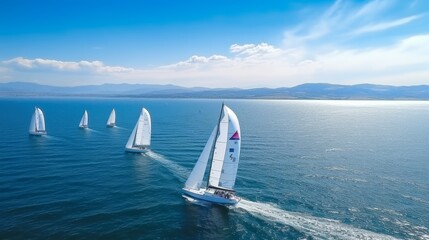 Wall Mural - Aerial view Regatta of sailing ships with white sails on the high seas.