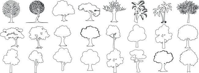 Hand drawn, diverse tree sketches collection. Perfect for nature, environment, educational content, design elements. Includes oak, pine, palm, willow, maple, birch, cedar, spruce, fir, elm, sycamore, 