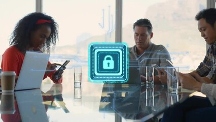 Poster - Animation of padlock icon with circuit board over diverse business people in office