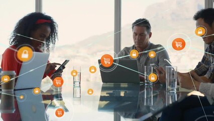 Poster - Animation of network of connections with icons over diverse business people in office