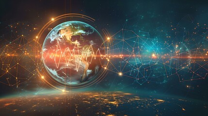 Aufkleber - Futuristic digital globe with network connections, global data exchange concept. cybernetic orb in cyberspace. technology abstract background. AI