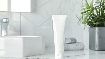 Poster - Mockup: White moisturizing face wash tube in bathroom room interior mock-up, beauty and care product packaging template, Free CopySpace