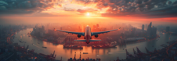 Aerial and top views of a cargo jet flying above a ship port carrying international products for export and import. Crane freight delivery to port. Shipping cargo to harbor by crane. AI