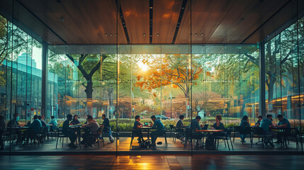 Students Socializing in Outdoor University Courtyard. University students engaging in conversation at outdoor tables in a sunlit courtyard surrounded by modern architecture.