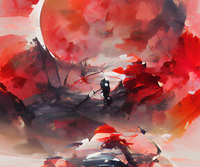 Poster - Black red ink brush stroke background. Japanese style.