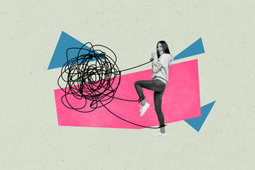 Aufkleber - Chaos in head collage illustration workaholic woman which cant move when her thoughts only about job isolated on gray color background