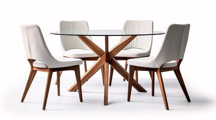 An isolated modern wooden and fabric dining table and chair set sits on a pristine white backdrop.