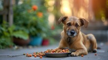 Cute Homeless Dog Sitting On The Street With Food Near Her