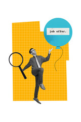 Aufkleber - Vertical creative collage image of worker man search job vacancy air balloon magnifier loupe employment weird freak bizarre unusual fantasy